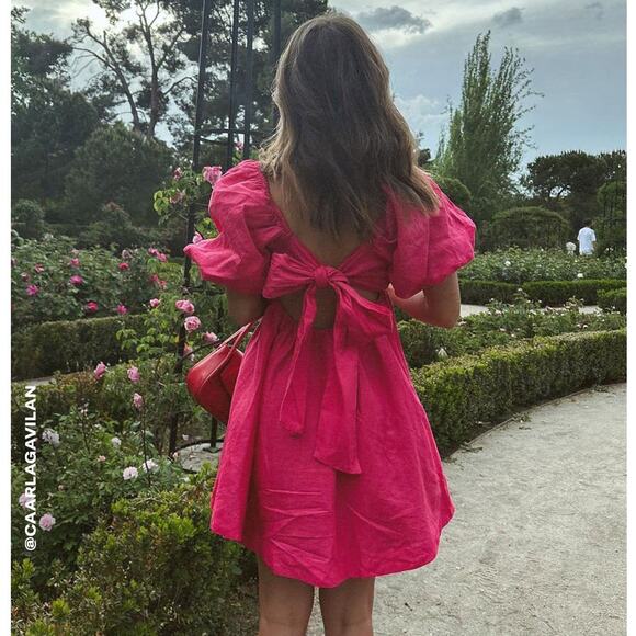 Showpo. Amalie The Label Hamyya Linen Tie Back Puff Sleeve Mini Dress Magenta-2 - Picture 2 of 8